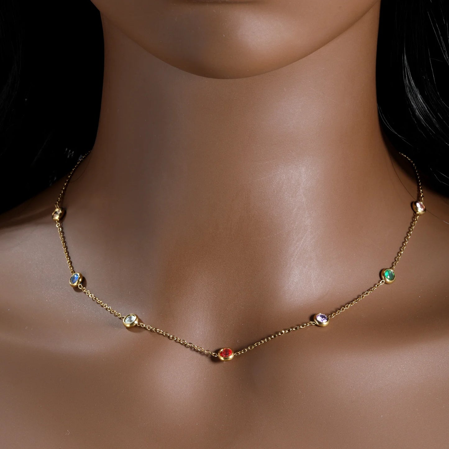 Colorful Rhinestone Chain Necklace – Multicolor Zirconia 18K Gold-Plated Stainless Steel Sweater Necklace for Women