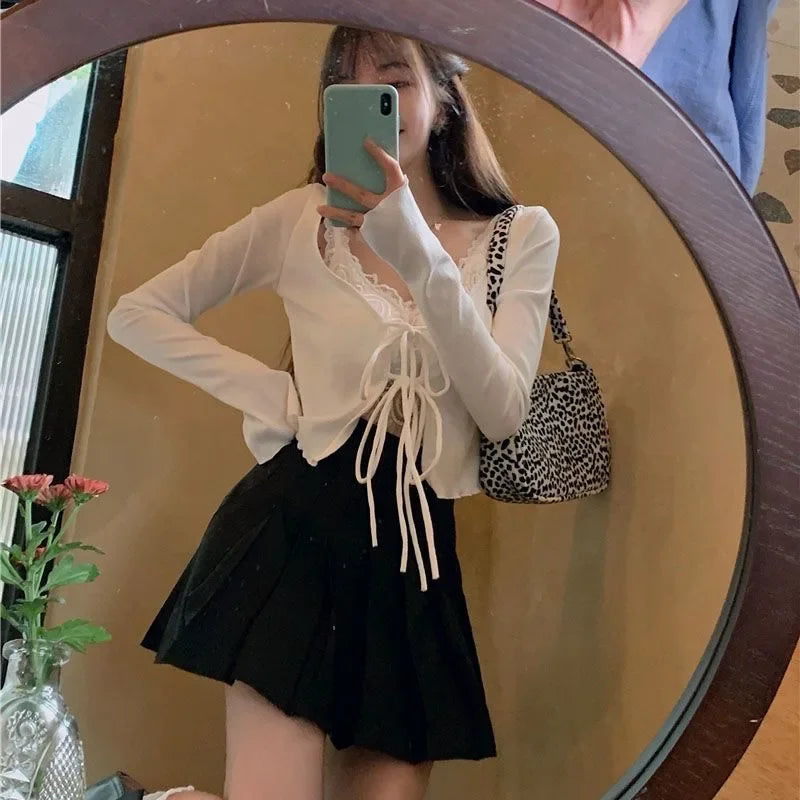 Lace-Up Knit Crop Cardigan — Flare Sleeve Open Front | Women's Tops