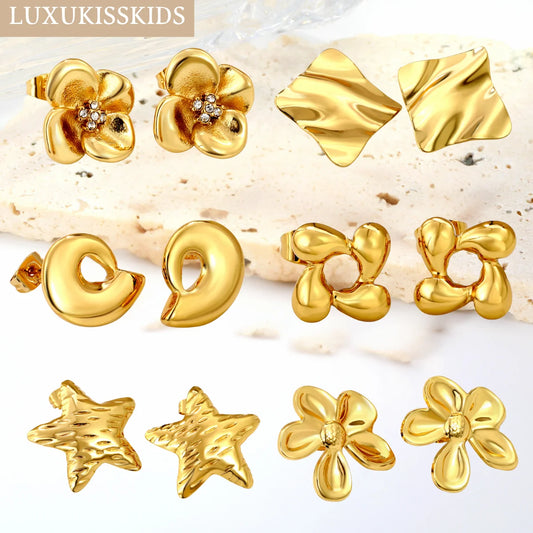 Fairy Flower Stud Earrings – 18K Gold-Plated Stainless Steel for Women