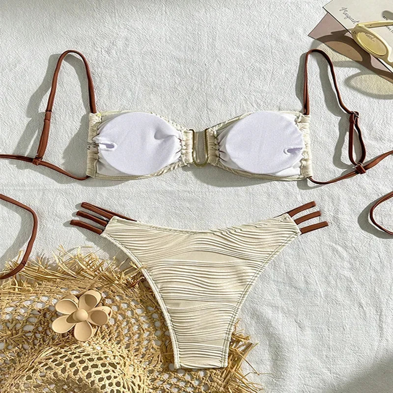 Ruched Bandeau Bikini Set — Brazilian Cut with Metal Detail | Women's Swimwear