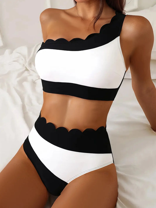 Black & White Scallop Edge One-Shoulder Bikini Set — High Waist | Women's Swimwear