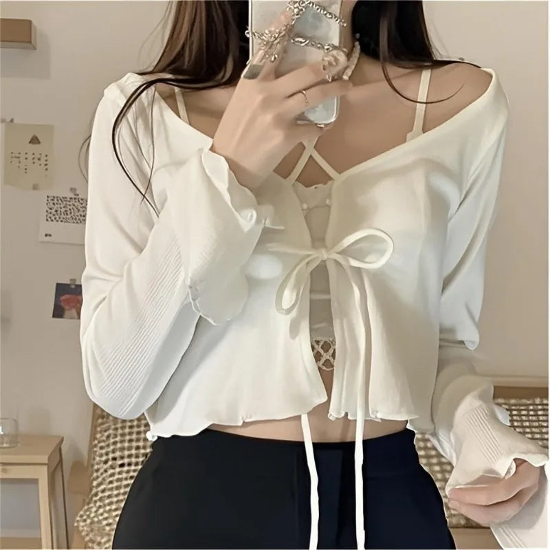 Lace-Up Knit Crop Cardigan — Flare Sleeve Open Front | Women's Tops