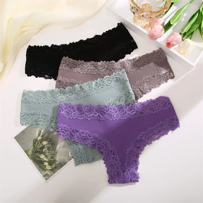 Lace Splicing Brazilian Bikini Panties – Cotton Crotch Low-Rise Underwear for Women (S–XL, 6 Colors)