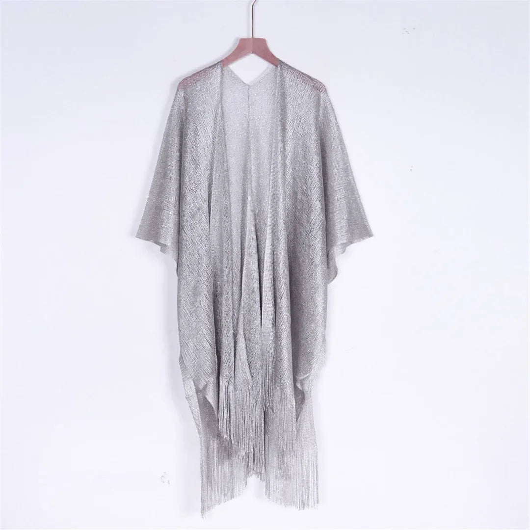 Metallic Tassel Trim Beach Cover-Up — Sheer Kimono | Women's Swimwear