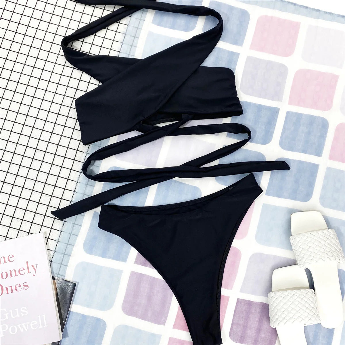 Cross Halter Hollow-Out Bikini Set — High Neck Wrap Top & High Waist Bottoms | Women's Swimwear