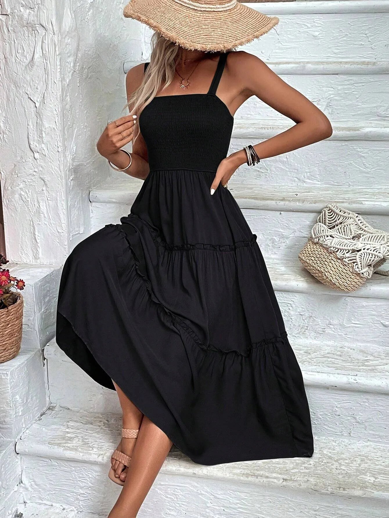 Women's Ruched Bust Ruffle Hem Sleeveless Slip Dress - Summer Sexy Bodycon Tube Strap Dress for Party Beachwear