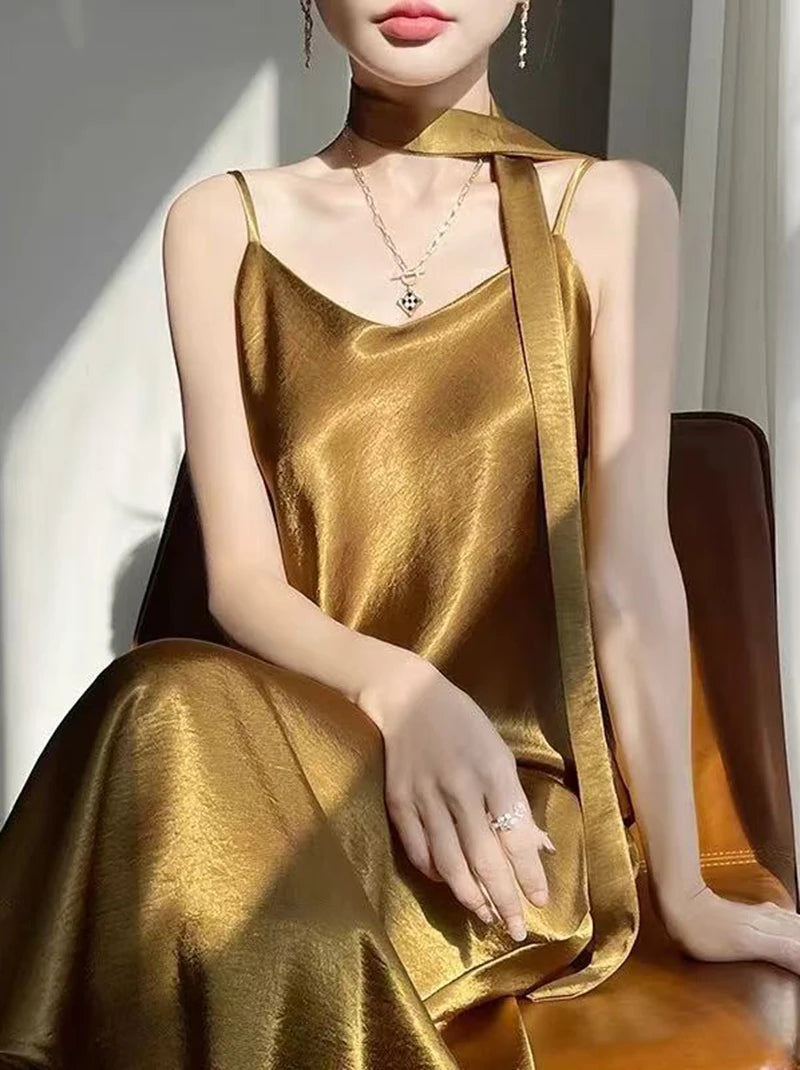 French Elegant Satin Camis Dress Women Summer Loose with Ribbon Midi Dress Female Fashion Aesthetic Party Evening Slip Dress
