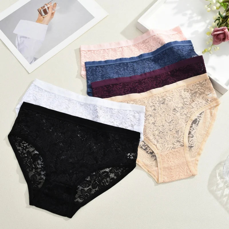 Seamless Floral Lace Brief Panties – Hollow-Out See-Through Underwear for Women (S–2XL, 6 Colors)