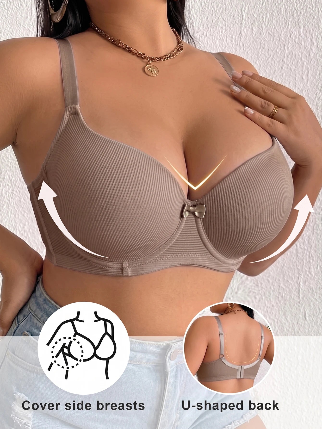 Plus Size Ribbed Push-Up Bra — Wide Strap Underwire Side Gather | Women's Bra
