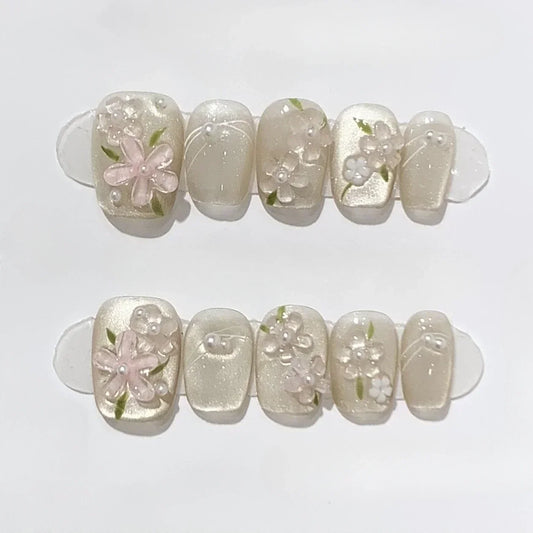Handmade Short Square Press-On Nails - Floral & Cat Eye, 10-Piece Kit
