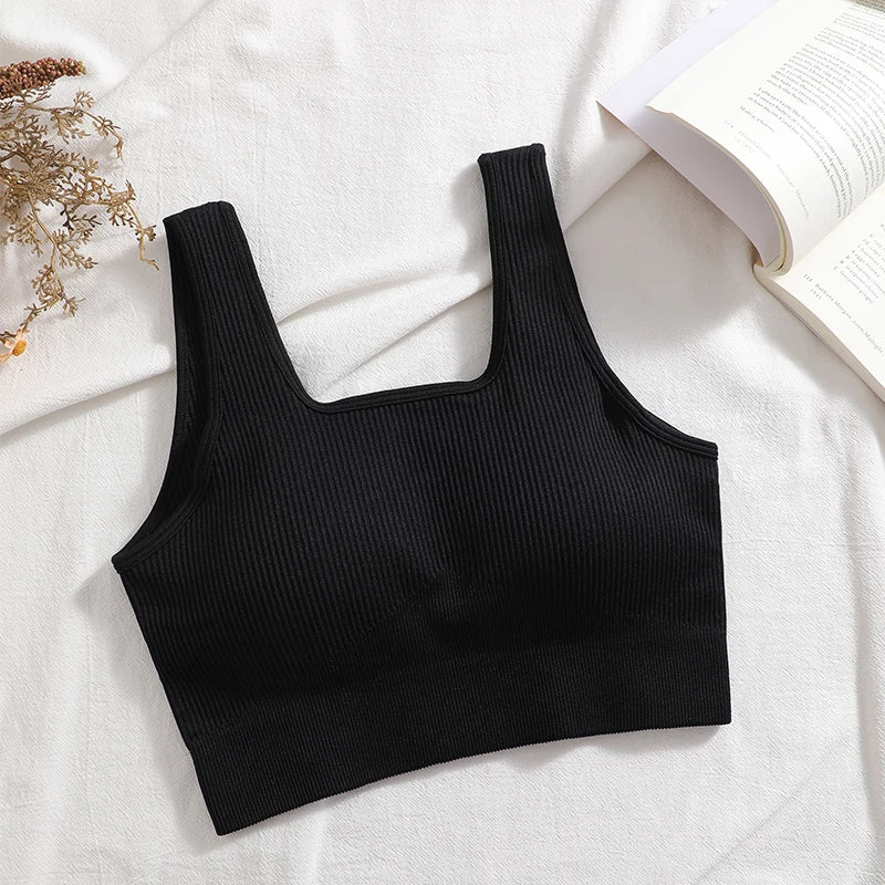 Women's Ribbed Yoga Tank Top – Padded Sports Bra | Square Neck Workout Vest