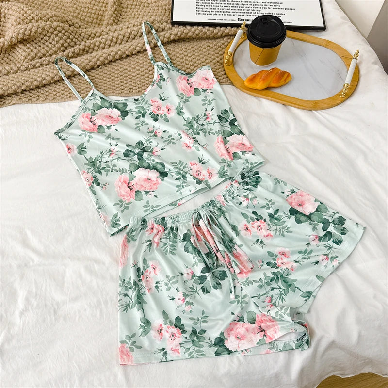 Cherry Print Ice Silk Pajama Set — Sleeveless Cami Top & Shorts