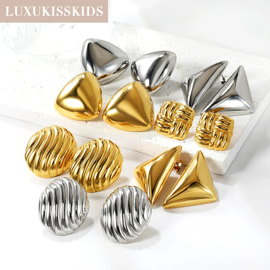 Large Geometric Stud Earrings – 18K Gold-Plated Stainless Steel Round Piercing Earrings for Women