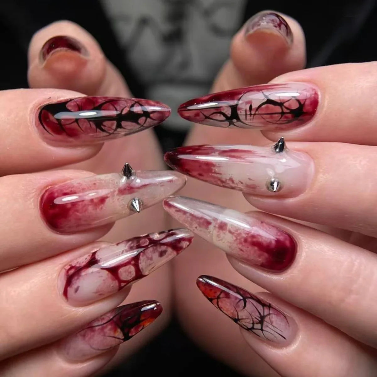Halloween Press-On Nails – Red & Black Stripe and Silver Rivet Designs, 24 Pieces