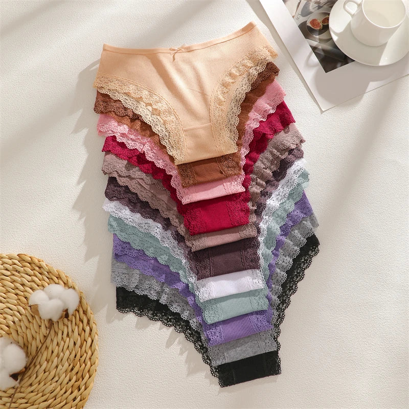 FINETOO 6PCS Women's Cotton Lace Underwear Sexy Crossed Belts Brazilian Panties Female Low Rise Breathable Briefs Soft Lingerie