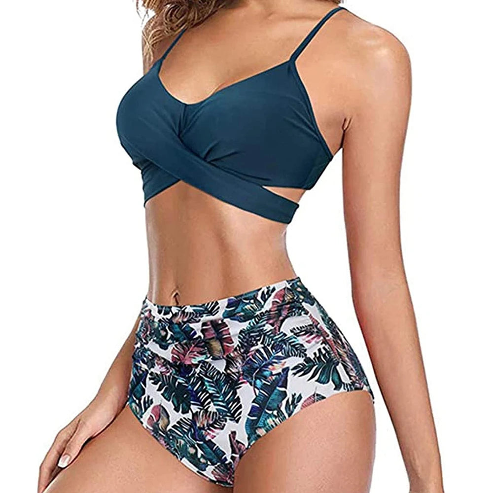 High Waist Bikini Set — Cross Front Top & Ruched Bottoms | Women's Swimwear