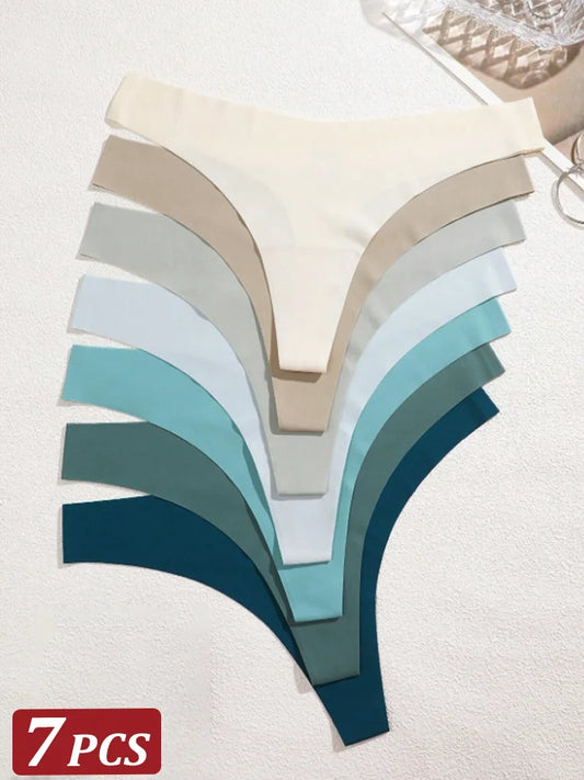 7-Pack Ice Silk G-String Panties – Seamless V-Waist Underwear for Women (XS–XL, 5 Color Sets)