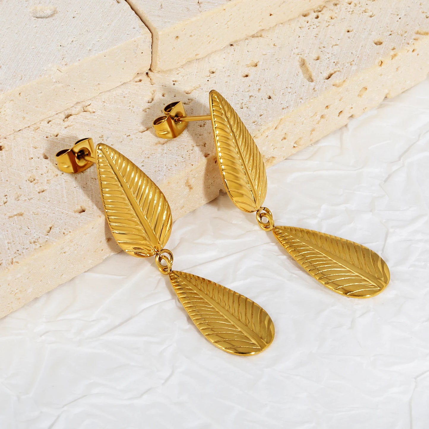Leaf Drop Earrings – 18K Gold-Plated Textured Plant Leaf Dangle Earrings for Women