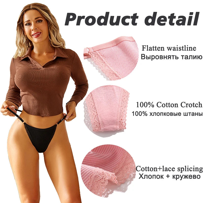Women's Cotton Lace G-String Thongs – 4-Piece Set | Low Rise Adjustable Waistband Hipster Underwear (S–XL)