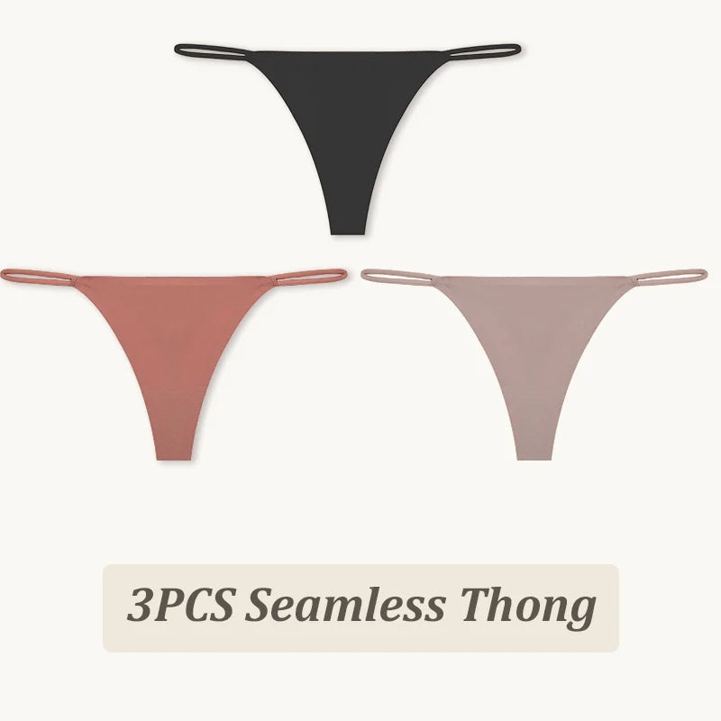 3-Pack Seamless Ice Silk Thong Panties – Low-Rise Flexible Underwear for Women (XS–XL, 25 Color Sets)