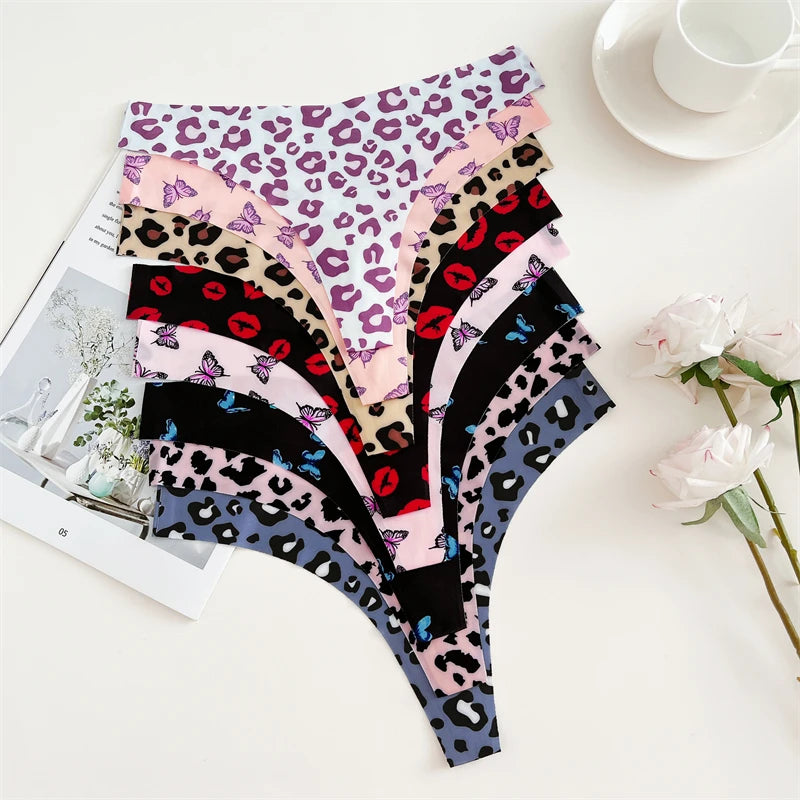 5-Pack Ice Silk Printed Thongs — Seamless Low-Rise G-String Panties
