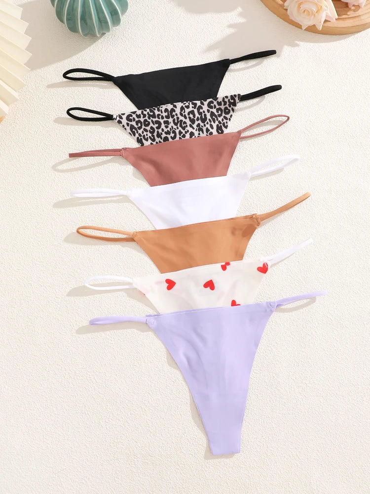 7-Pack Ice Silk Printed & Solid Thongs — Seamless Low-Rise G-String