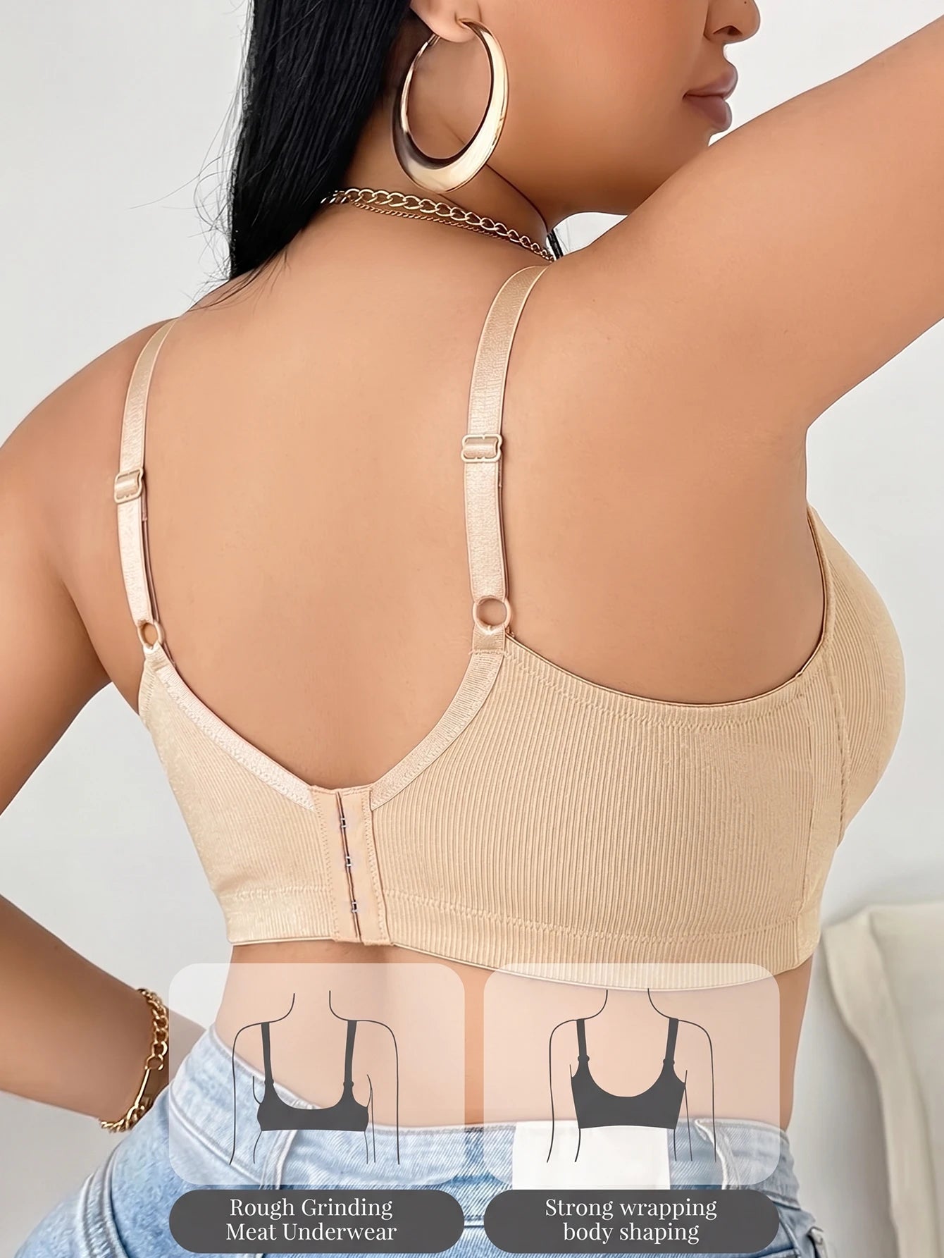 Plus Size Ribbed Push-Up Bra — Wide Strap Underwire Side Gather | Women's Bra