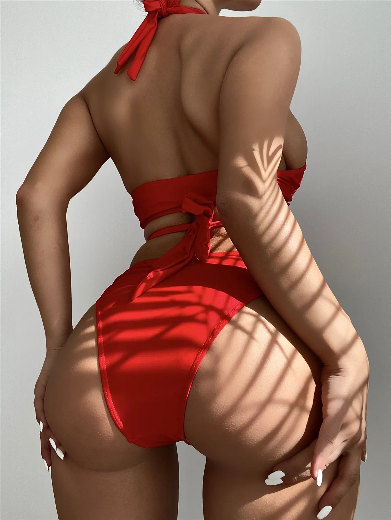 Cross Halter Hollow-Out Bikini Set — High Neck Wrap Top & High Waist Bottoms | Women's Swimwear