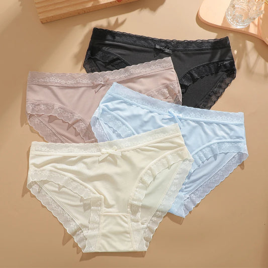 4-Pack Ice Silk Lace-Trim Bikini Briefs — Ultra-Thin Seamless Bow-Detail Panties