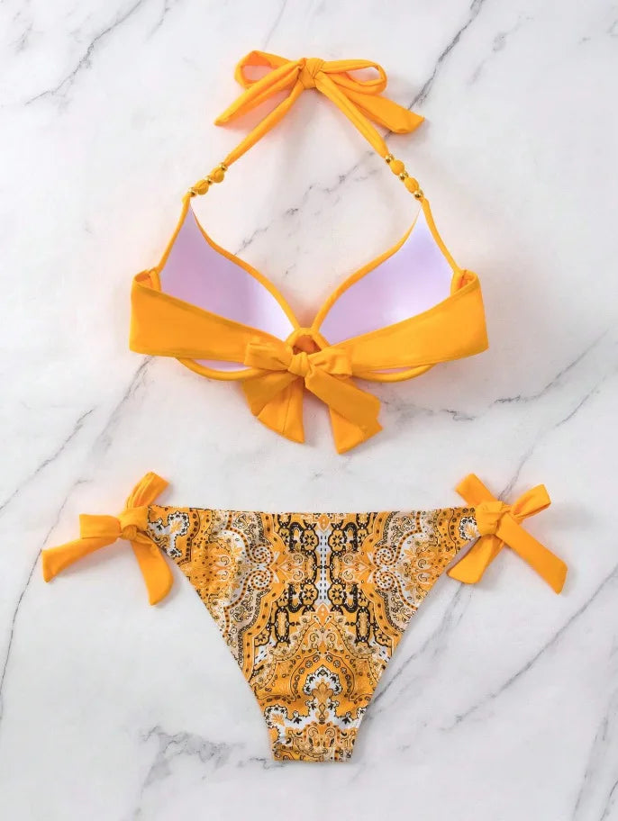 Push-Up Halter Bikini Set — Bow-Tie Top & Printed Side-Tie Bottoms | Women's Swimwear