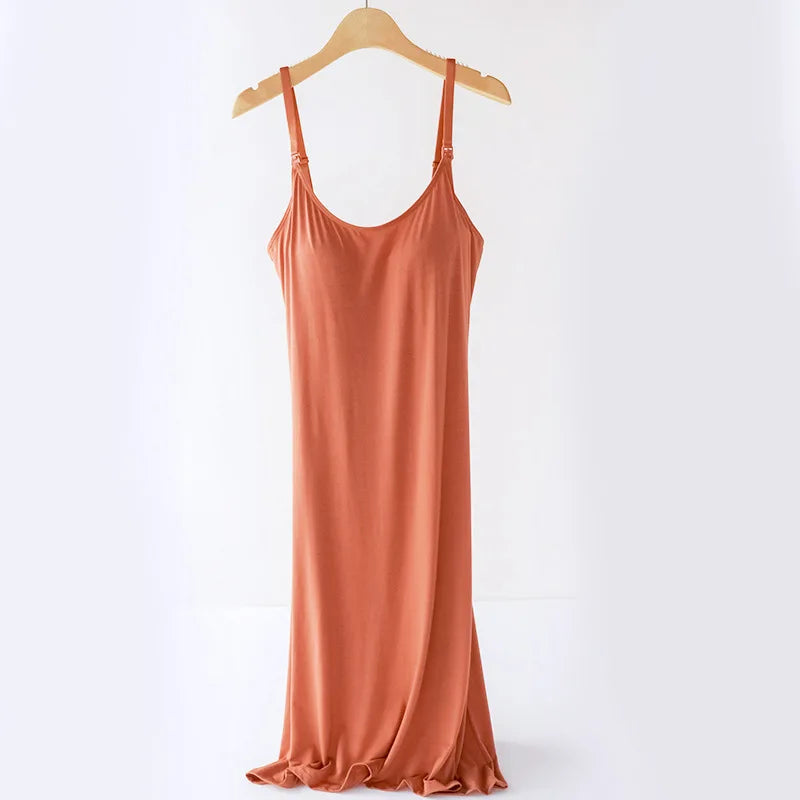 Women's Maternity Nursing Tank Dress with Built-in Bra Breastfeeding Long Sleeveless Nightdress for Pregnant Nursing Mothers