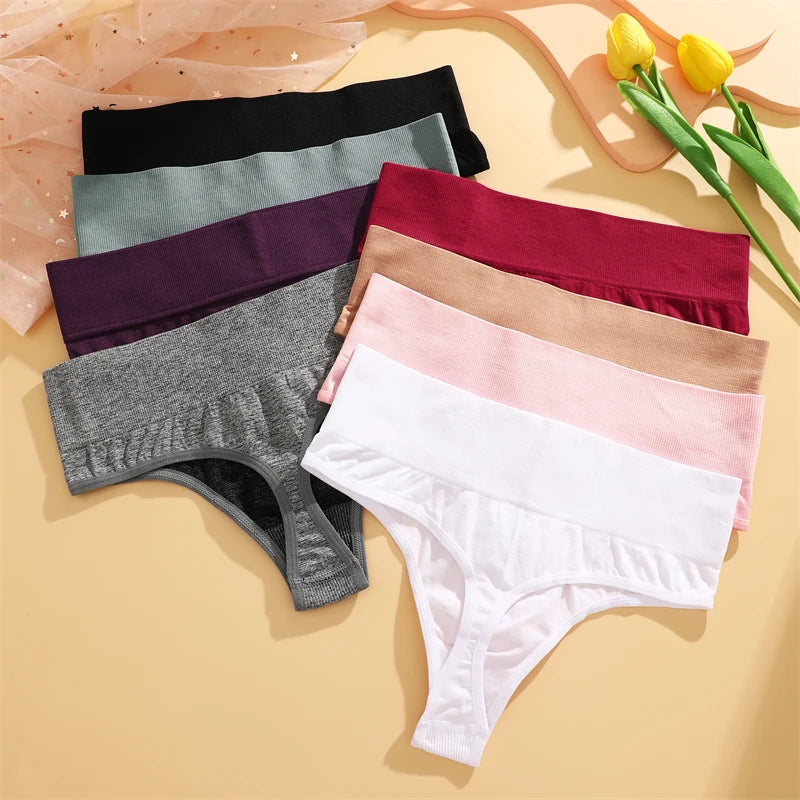 FINETOO 3pcs Women's Stretchy Panties Sexy High Waist Thongs Plus Size Underwear for Female Breathable Solid Soft Lingerie M-2XL
