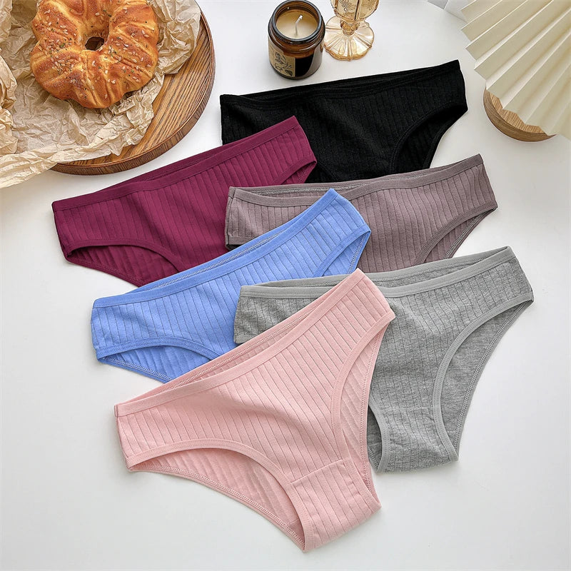 FINETOO 3PCS/SET Cotton Ribbed Striped Underwear for Women Plus Size 10 Soild Colours Stretch Briefs Ladies Soft Lingerie S-7XL