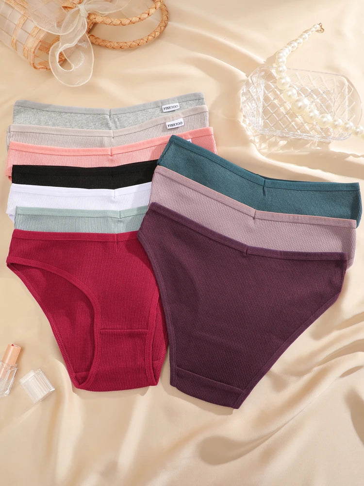 FINETOO 7Pcs Cotton M-3XL Striped Underwear Women's Breathable Panties Sexy V Waist Comfortable Briefs Ladies Low Waist Lingerie