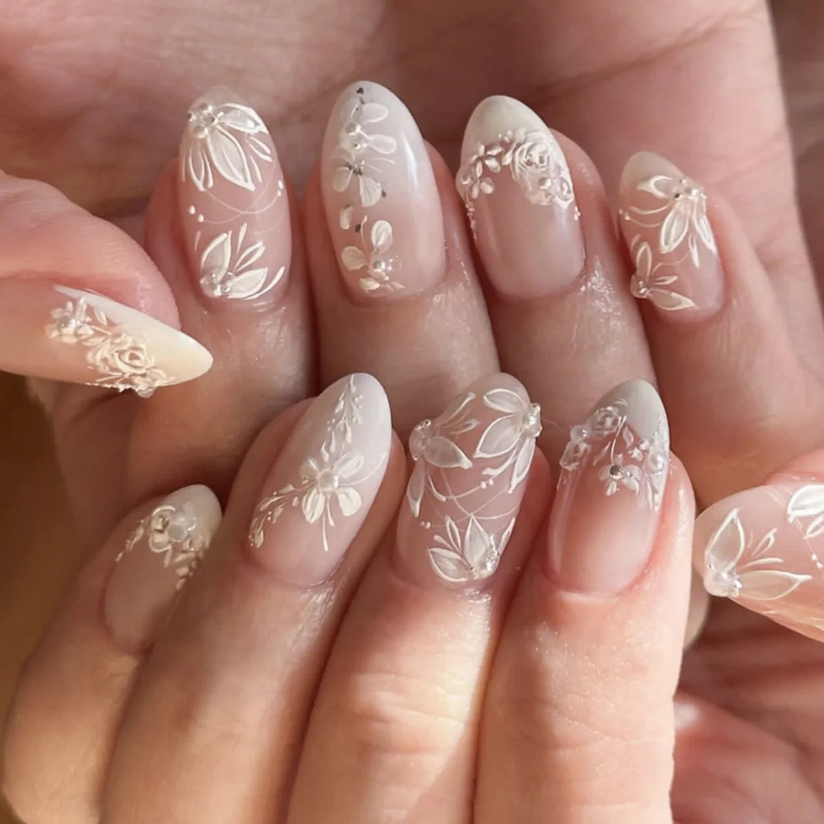 Handmade Almond Press-On Nails - Butterfly, French & Pearl Designs, 24 Pieces