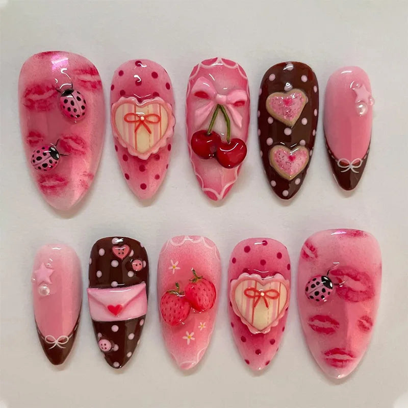 Pink Floral Press-On Nails – Almond Flower Designs, 24 Pieces