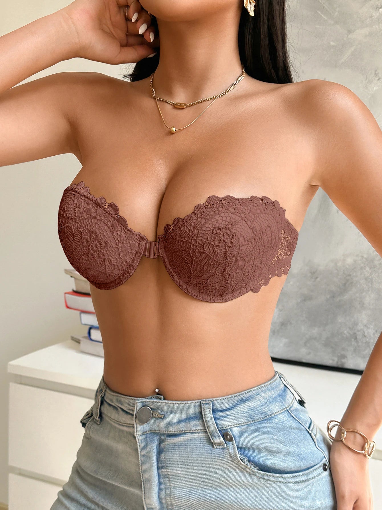 Lace Half-Cup Strapless Push-Up Bra — Front Clasp Non-Slip | Women's Lingerie