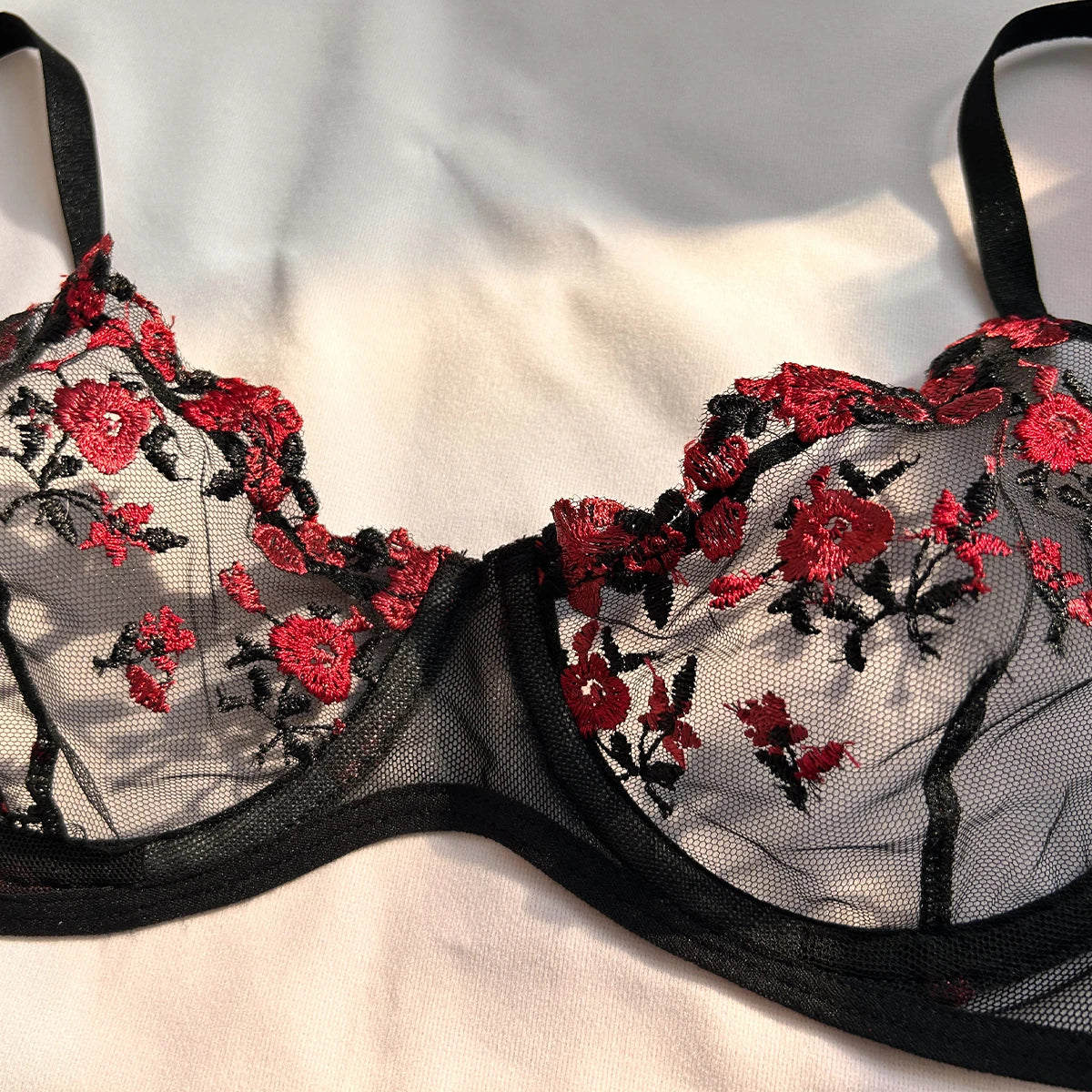 Embroidered Lace Triangle Bra & Thong Set — Wire-Free Bow Detail | Women's Sexy Lingerie