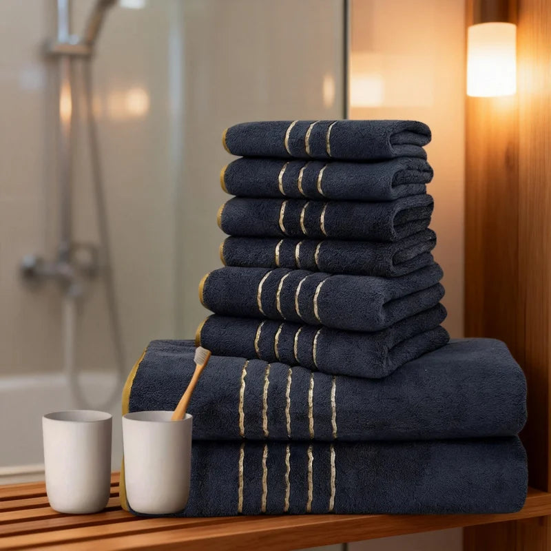 Golden Striped Coral Fleece Bath Towel Set – Ultra-Soft, Quick-Dry, Machine Washable (2, 3, 6 or 8 Pcs)