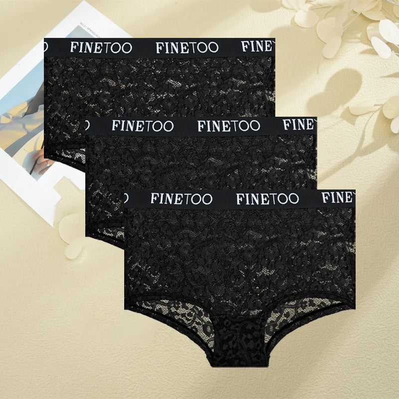 FINETOO 3Pcs Lace Hollow Out Boyshorts Underwear Women's Elastic Belt Panties Sexy Transparent Floral Briefs Breathable Lingerie