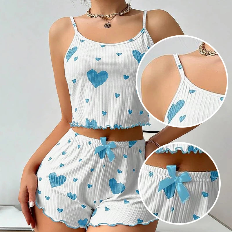 Spaghetti Strap Tank Top & Shorts Pajama Set – Geometric Print, Knit | Women's Summer Sleepwear (1pc or 2pcs)