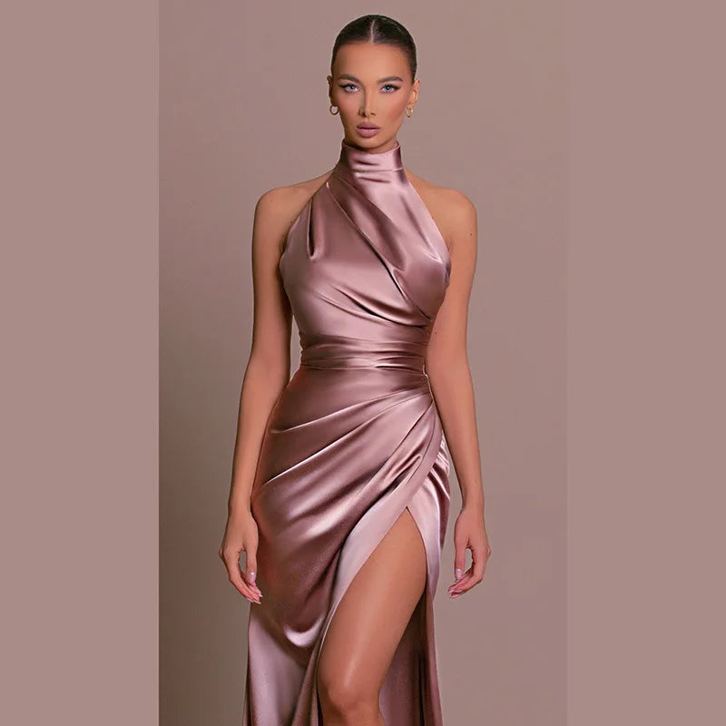 Ladies Summer Satin Evening Birthday Party Dresses Women Sleeveless Backless Halter Side Slit Elegant Long Dress Mowan Clothes