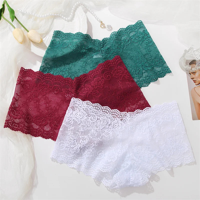 3-Pack Floral Lace Boyshort Panties – Low-Rise Ultra-Thin Underwear for Women (S–XL, 10 Color Sets)