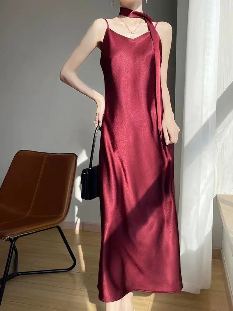 French Elegant Satin Camis Dress Women Summer Loose with Ribbon Midi Dress Female Fashion Aesthetic Party Evening Slip Dress