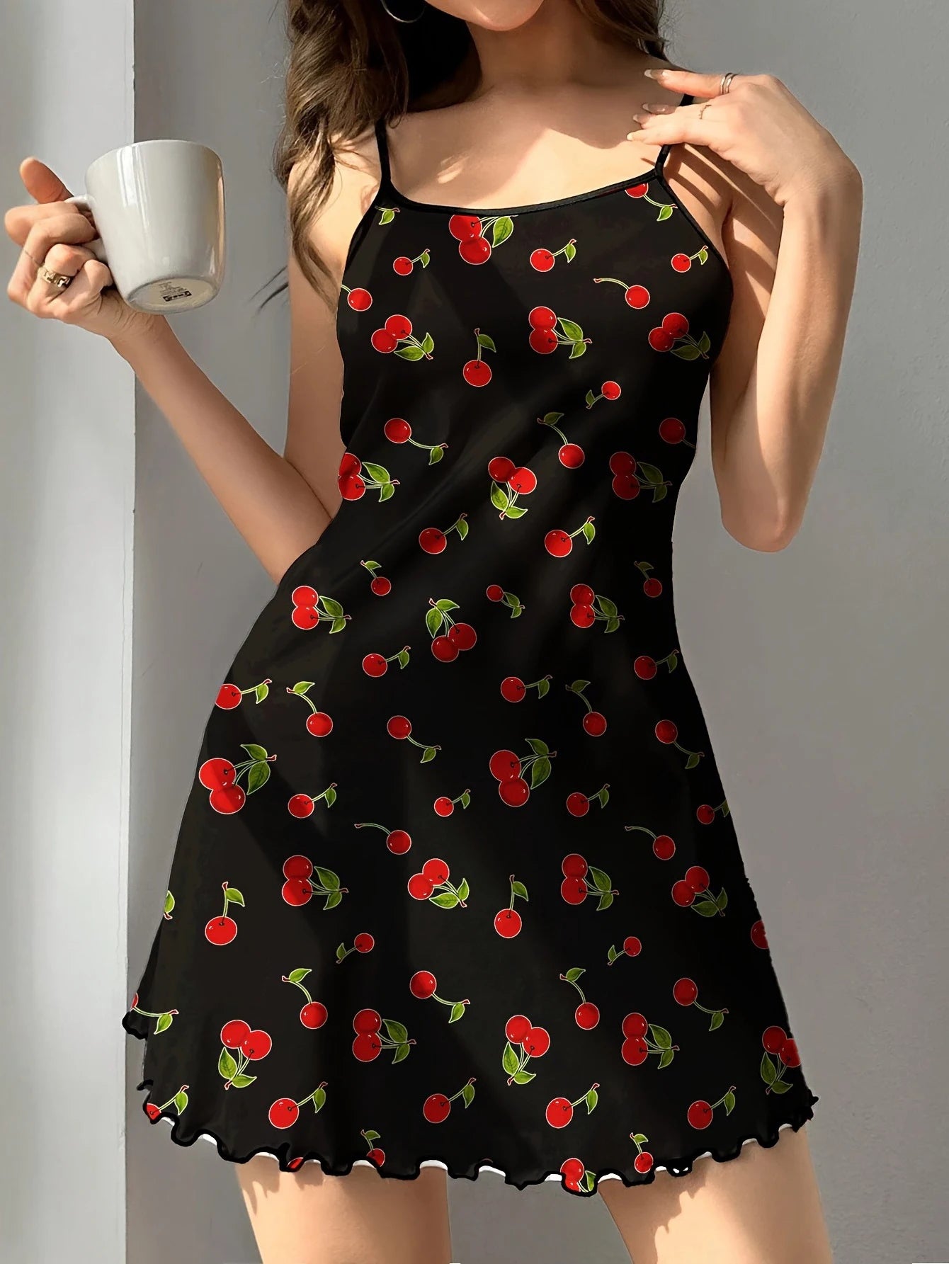 Butterfly Print Satin Sleep Dress — Spaghetti Strap Mini Nightgown