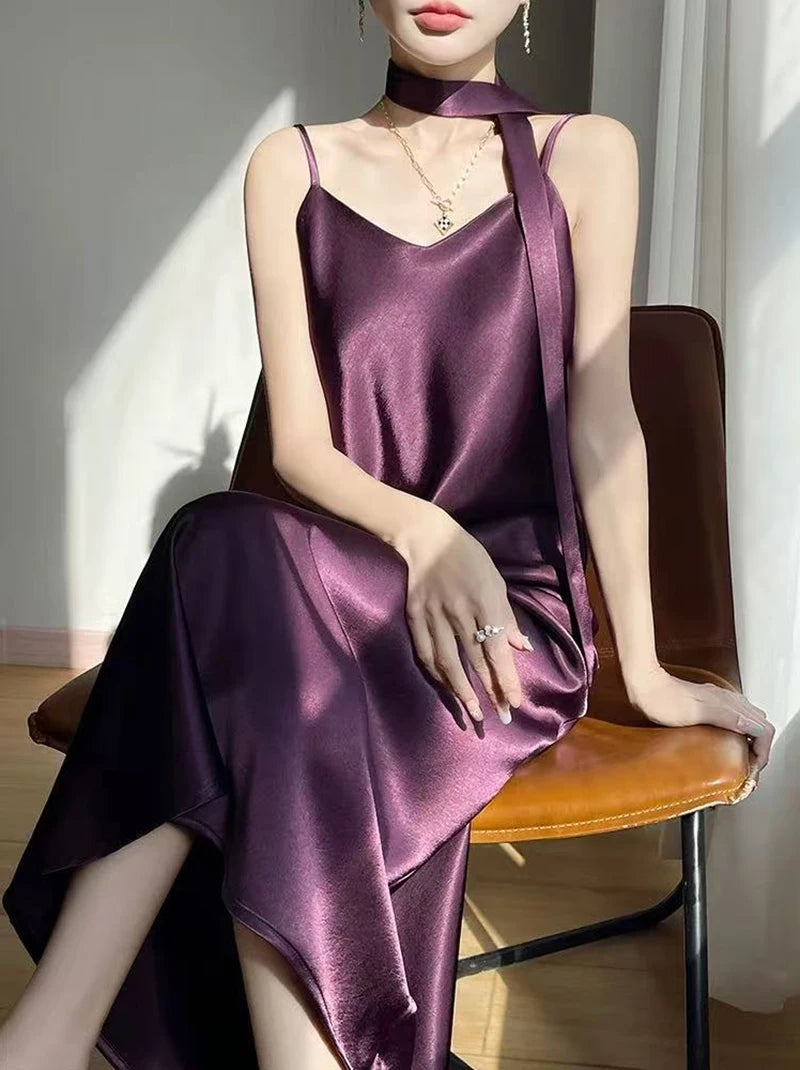 French Elegant Satin Camis Dress Women Summer Loose with Ribbon Midi Dress Female Fashion Aesthetic Party Evening Slip Dress