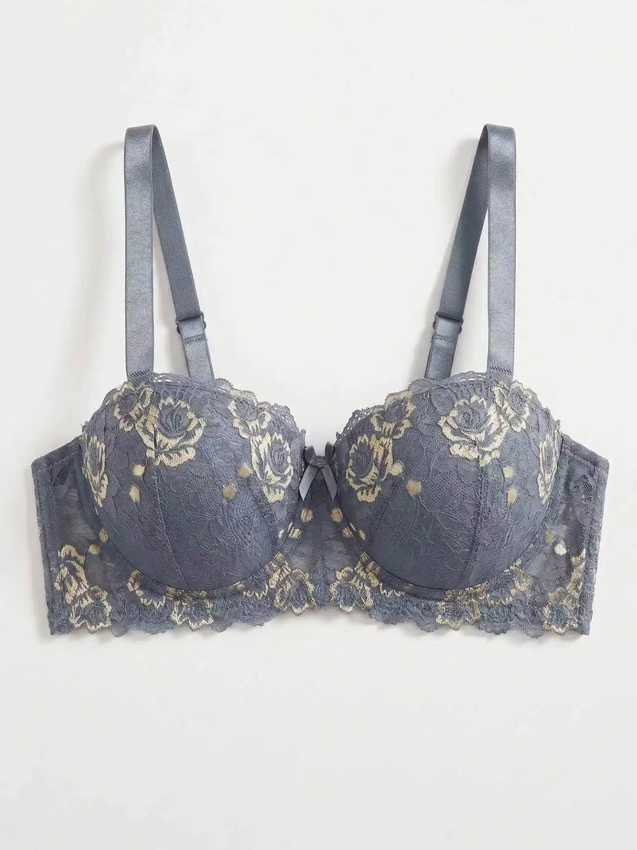 Plus Size Floral Embroidery Push-Up Bra — Wide Strap Underwire | Women's Bra