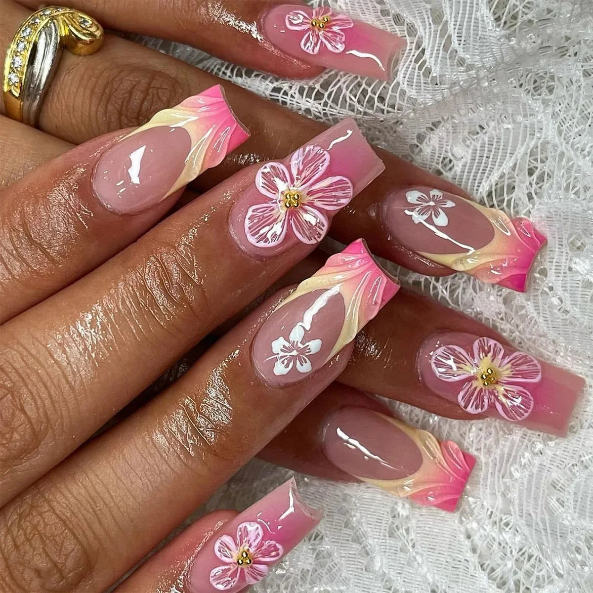 Medium Square Press-On Nails with Adhesive - Blush Pink Floral & French, 24 Pieces
