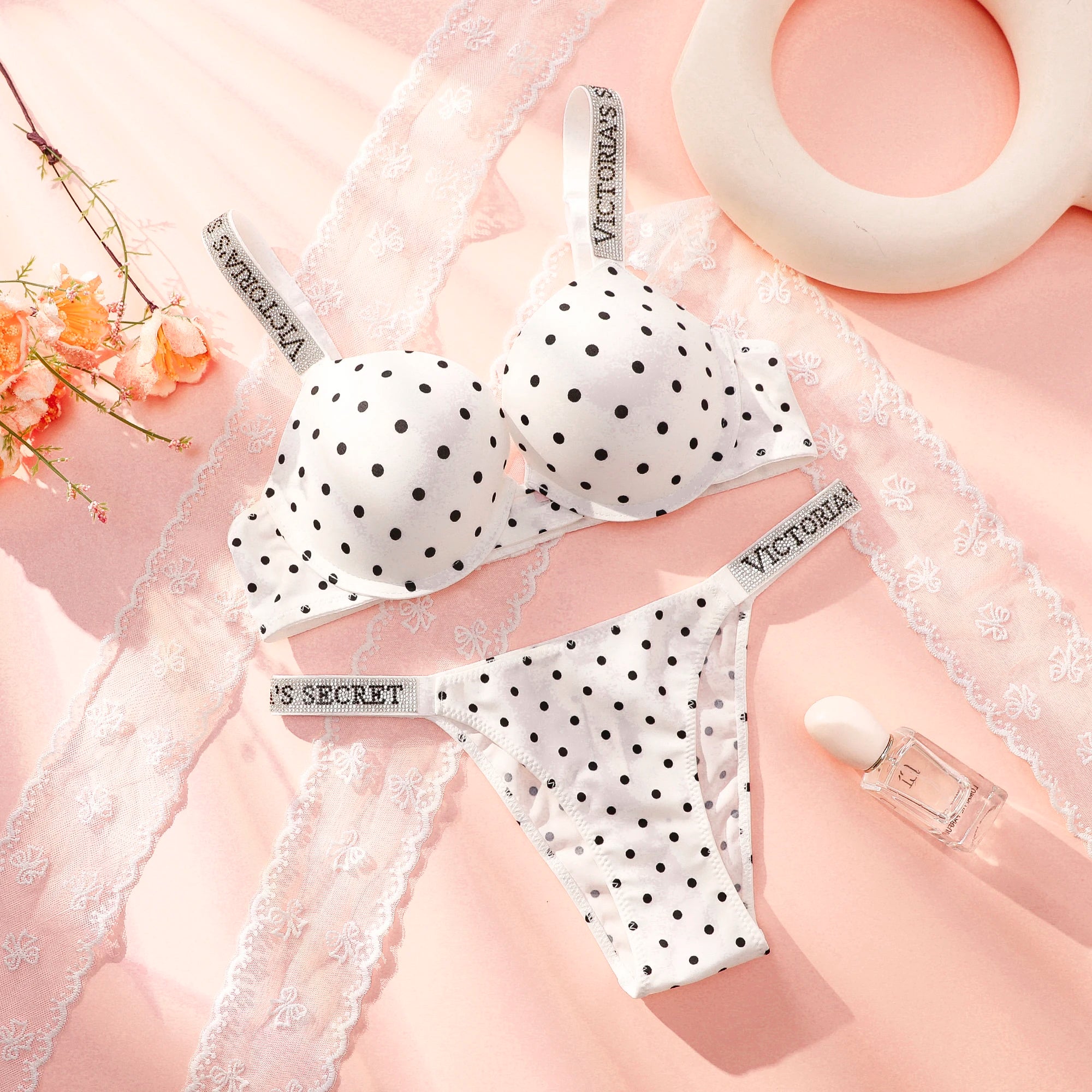 Women's Polka Dot Lace Push-Up Bra & Panty Set – Seamless Underwire Lingerie