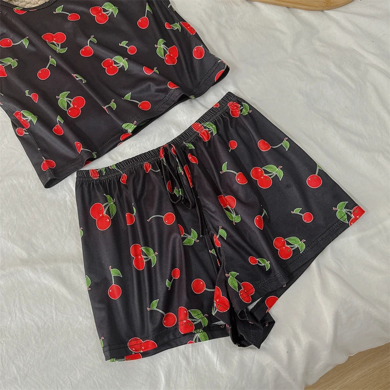 Cherry Print Ice Silk Pajama Set — Sleeveless Cami Top & Shorts
